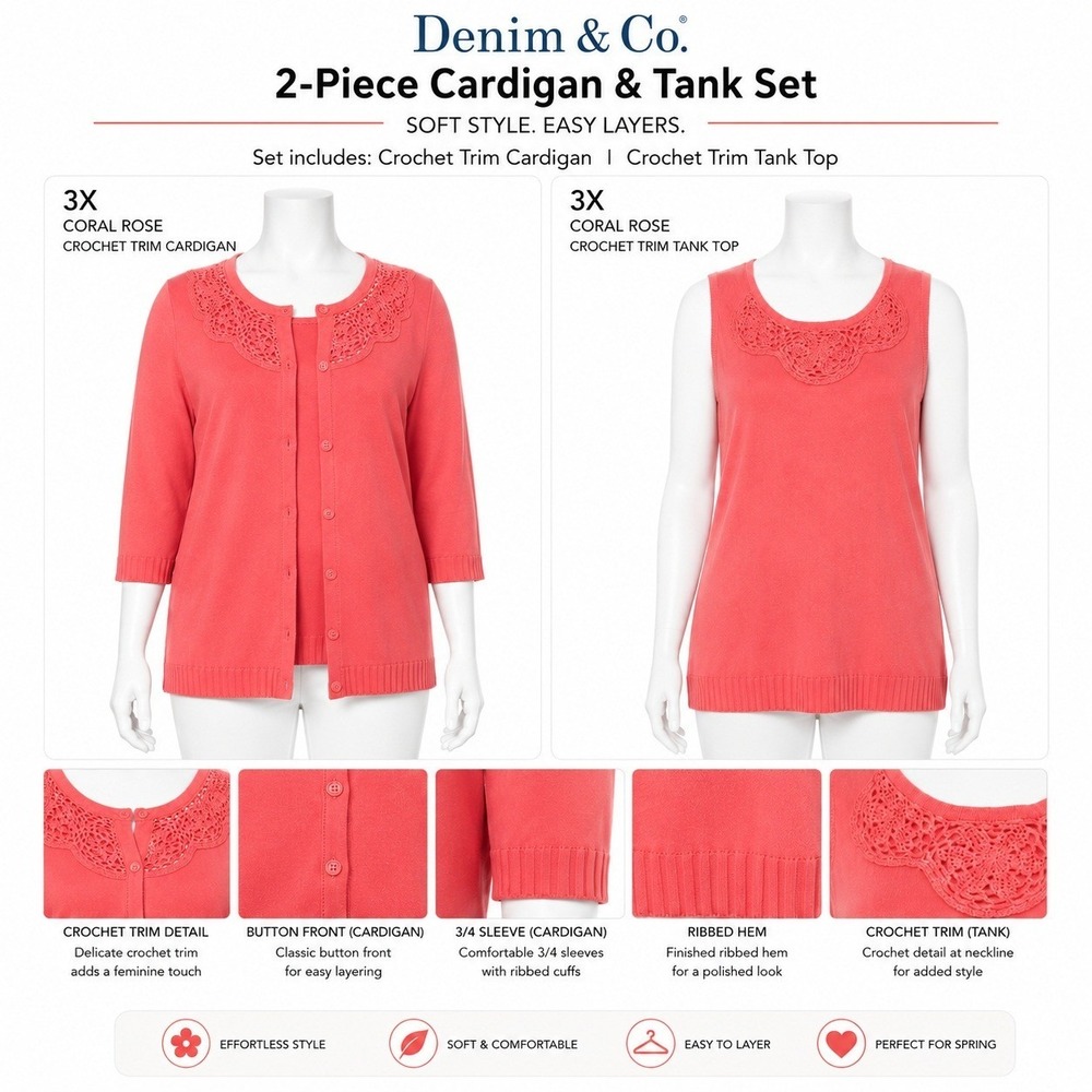 Denim & Co Womens 3X Coral Rose 2-Piece Crochet Trim Cardigan & Tank Set A221913